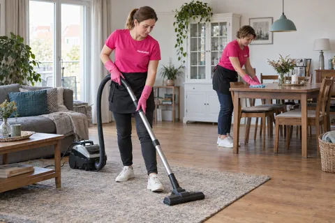 Zwei Reinigungskräfte beim Staubsaugen und Reinigen eines Tisches